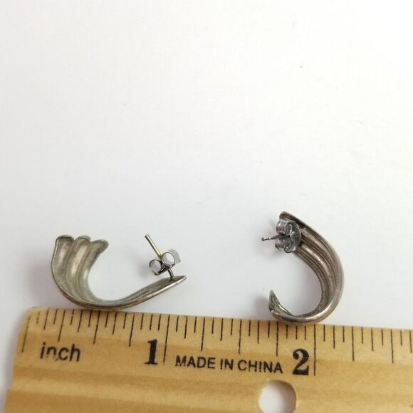 Vintage Wave Shape Half Hoop Stud Earrings, Silver Tone Metal, Minimal Design - Picture 2 of 5